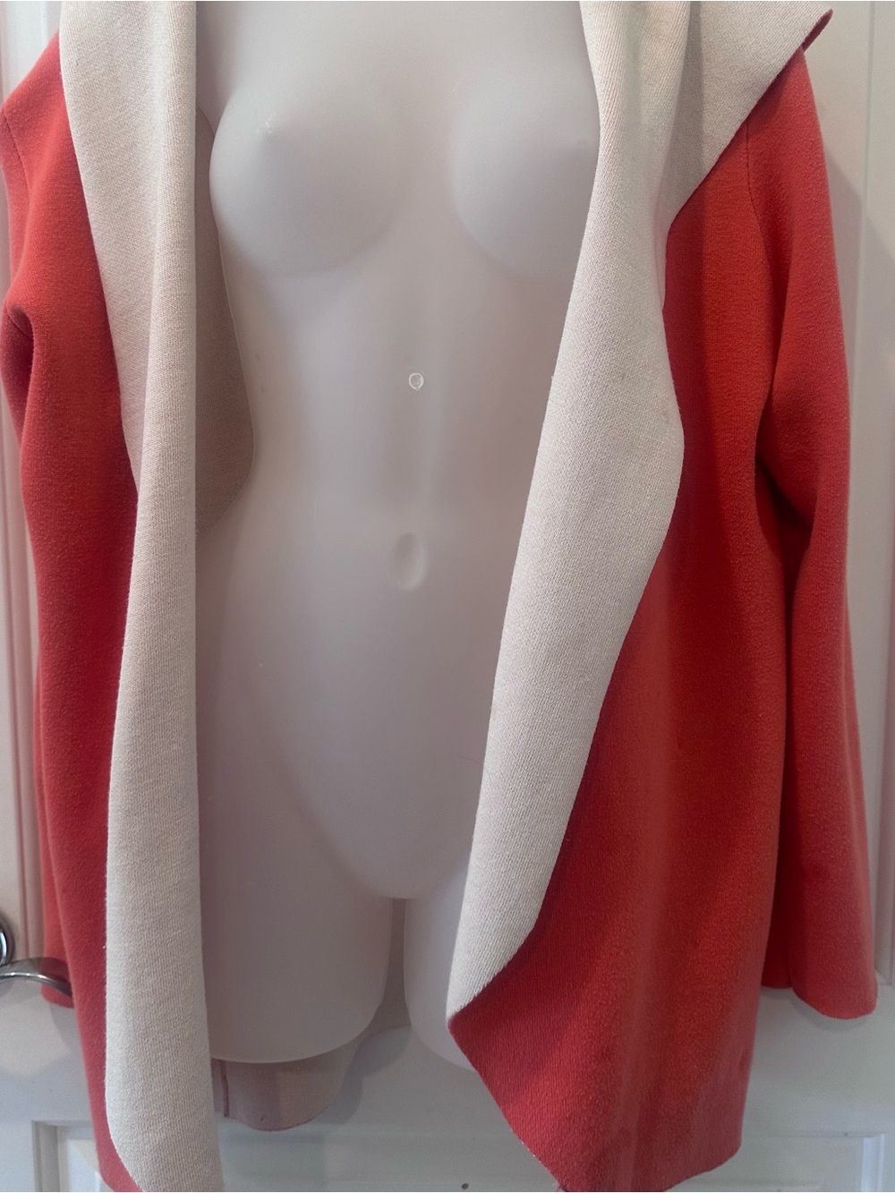 Dreyden Open-Front Cardigan Jacket in Coral and Cream.  Size L.
